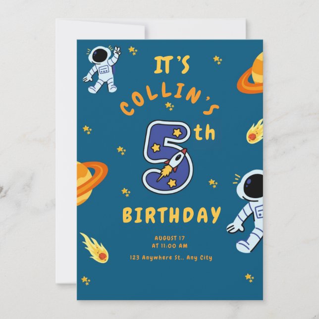 Weltraum-Themen-Einladung zum 5. Geburtstag für Ju Einladung (Vorderseite)