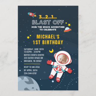 Weltraum und Astronaut 1. Geburtstag Foto Einladung