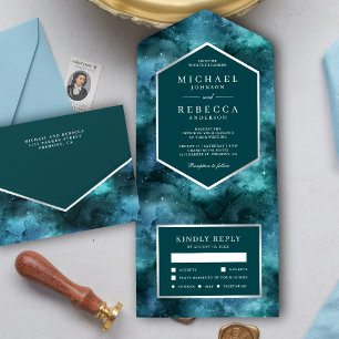 Weltraum Universum Türkis Galaxie Hochzeit All In One Einladung