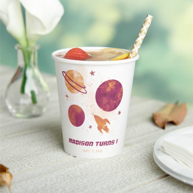 Weltraum Wasserfarbenplanet Mädchen 1. Geburtstag Pappbecher (In Situ)