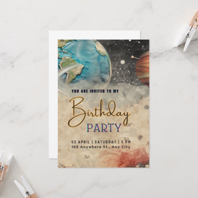 Weltraumabenteuer Geburtstag Einladung (Vorderseite/Rückseite Beispiel)