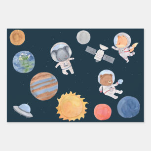 Weltraumabenteuer: Planeten und Tiere Astronauten Geschenkpapier Set