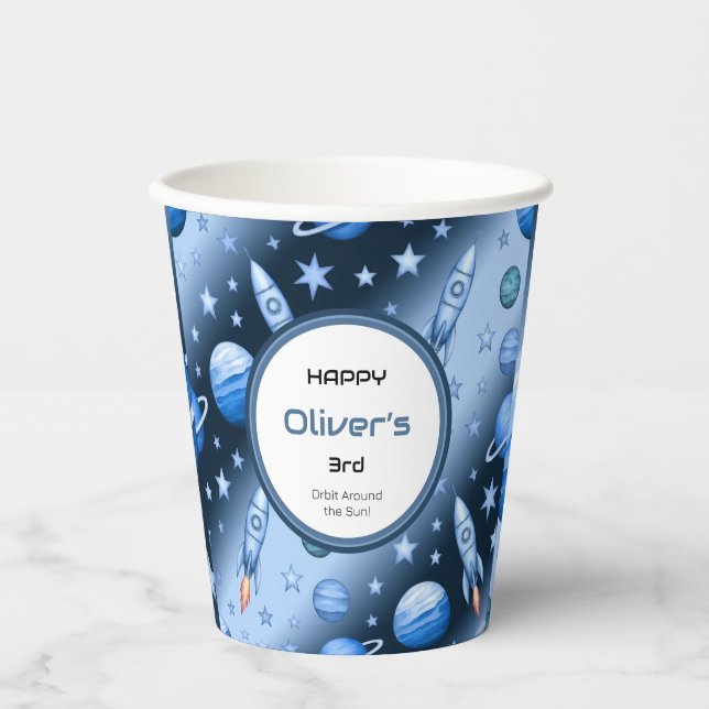 Weltraumabenteuerrakete und Planet Blue Pappbecher (Vorderseite)