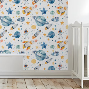 Weltraumbahnhöfe Raketen Planeten Wasserfarben Tapete