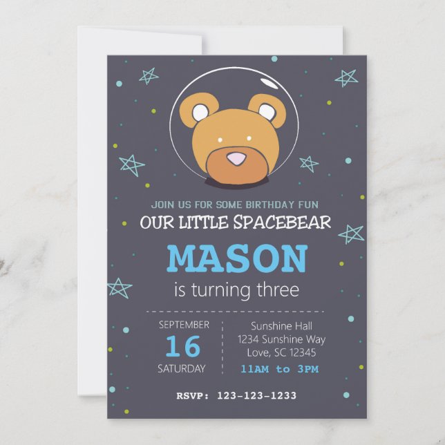 Weltraumbär Blauer Geburtstag Einladung (Vorderseite)