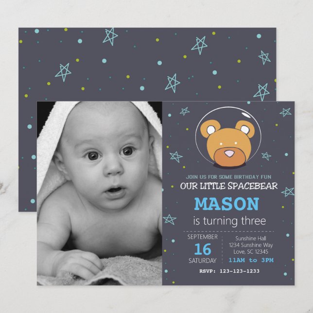 Weltraumbär Blauer Geburtstag Einladung mit Foto (Vorne/Hinten)