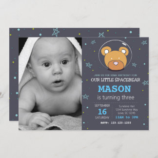 Weltraumbär Blauer Geburtstag Einladung mit Foto