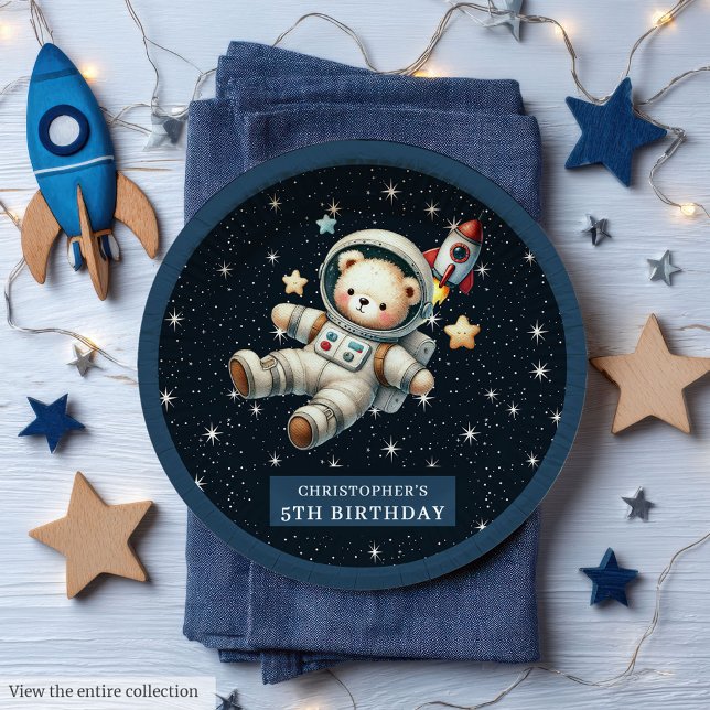 Weltraumbär Geburtstagsplatte für kleinen Astronau Pappteller (Space Bear Birthday Plate for Little Astronaut Boy)
