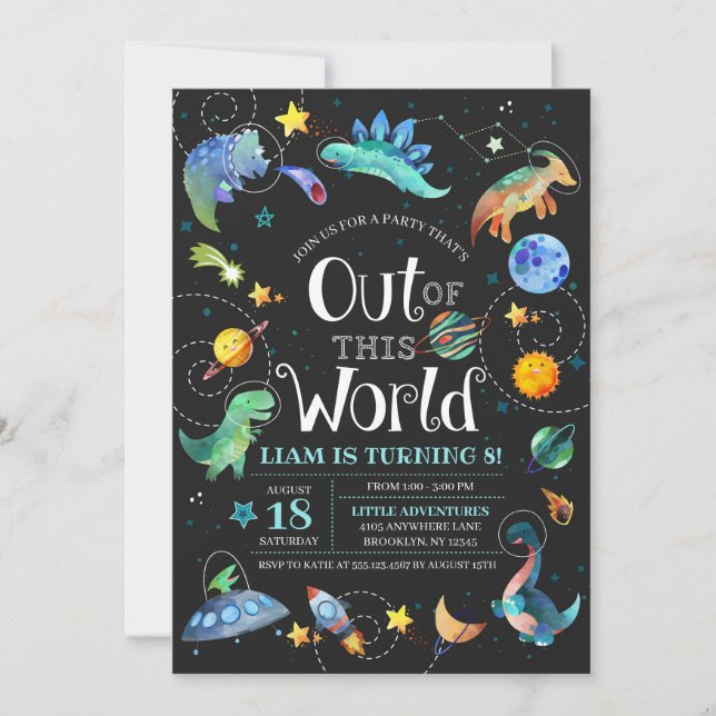Weltraumdinosaurier aus dieser Welt Galaxie Geburt Einladung (Vorderseite)