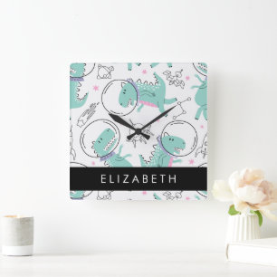 Weltraumdinosaurier, Niedliche Dinosaurier, Sterne Quadratische Wanduhr