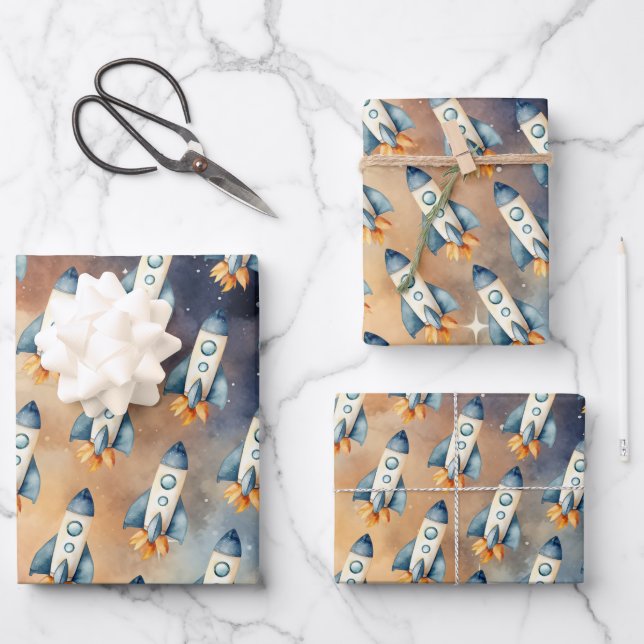 Weltraumfahrt auf der sonnigen Birthday-Rakete Geschenkpapier Set (Vorderseite)