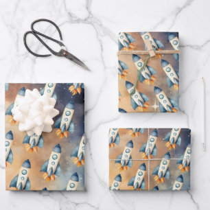 Weltraumfahrt auf der sonnigen Birthday-Rakete Geschenkpapier Set