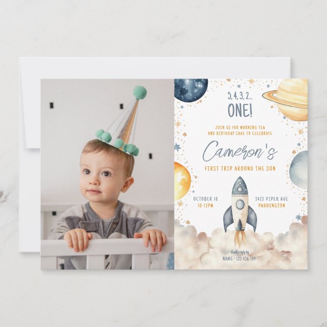 Weltraumfahrt auf der Sun Birthday Party Einladung (Vorderseite)