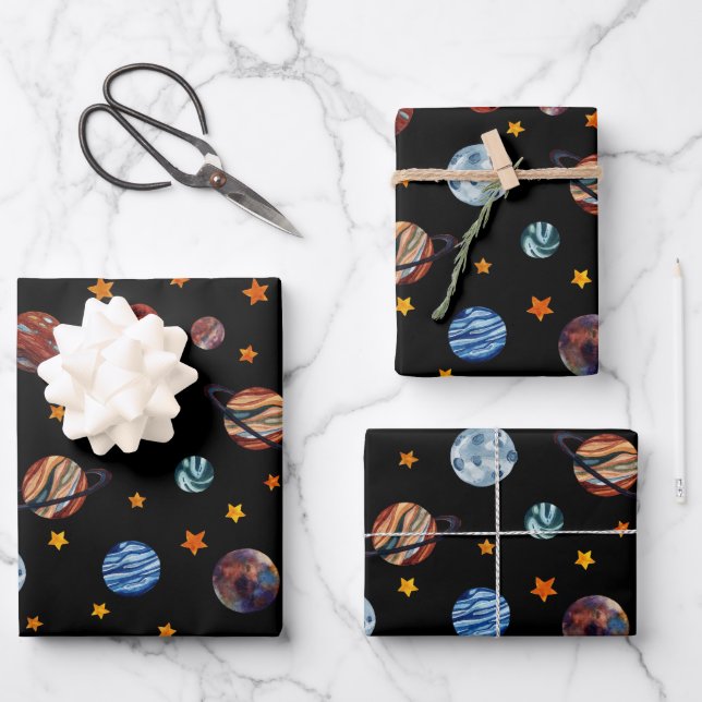Weltraumfarbene Planeten und Sterne Geschenkpapier Set (Vorderseite)