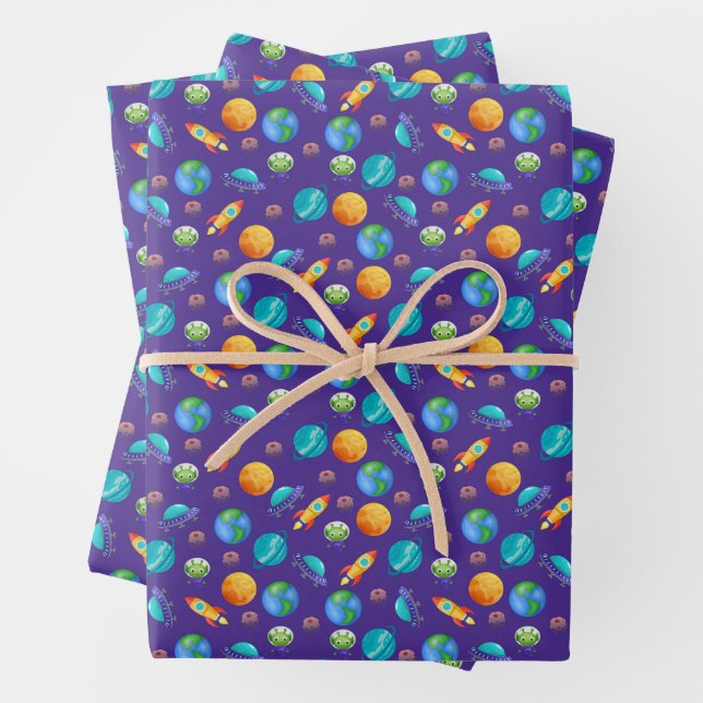 Weltraumforscher auf blau geschenkpapier set (Beispiel)