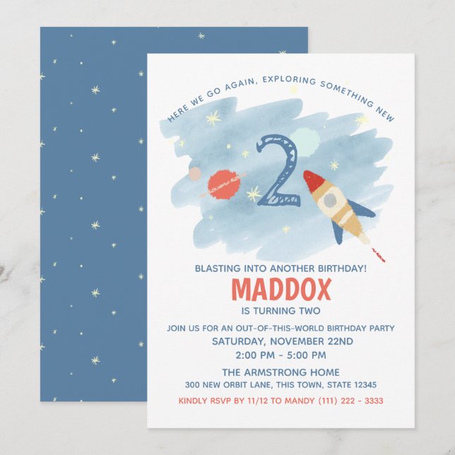 Weltraumforschung zum zweiten Geburtstag Einladung (Vorne/Hinten)