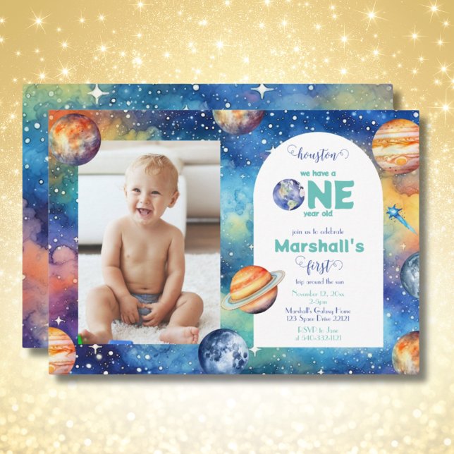 Weltraumgalaxie ✨ Planets Foto Einladung (Space Galaxy ✨ Planets Photo First Birthday Invitation)