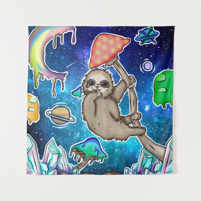 Weltraumgalaxie Sloth Cosmic Mushrooms Weiße Krist Wandteppich (Vorderseite)