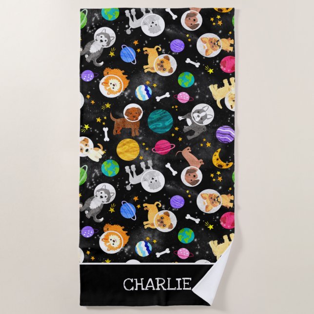 Weltraumhunde Wasserfarben Welpen Strandtuch (Vorderseite)