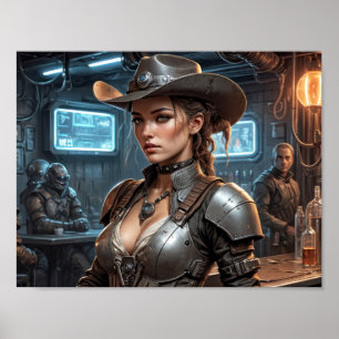 Weltraumjunge Mädchen mit Cyberrüstung Poster