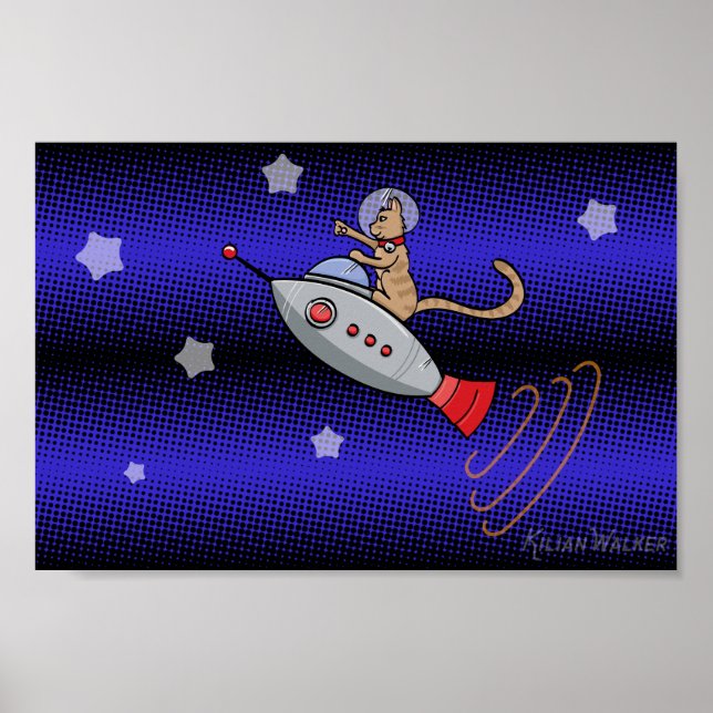 Weltraumkatze auf einer Retro-Rocketship Poster (Vorne)