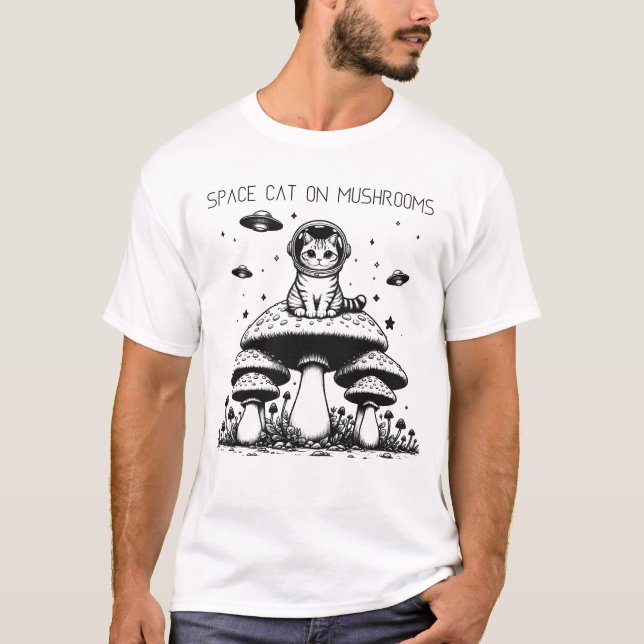 Weltraumkatze auf Pilzen T-Shirt (Vorderseite)
