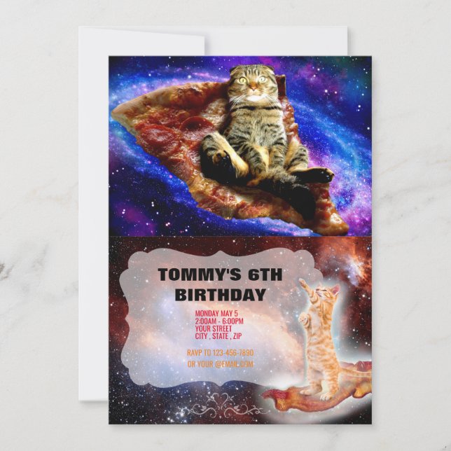 Weltraumkatze auf Pizza Einladung (Vorderseite)