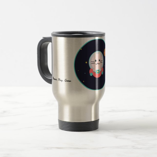 Weltraumkatze-Kaffeetasse - Kosmische Kitty-Astron Reisebecher (Vorderseite Links)