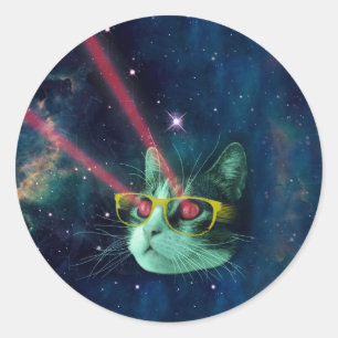 Weltraumkatze mit gelber Brille Runder Aufkleber