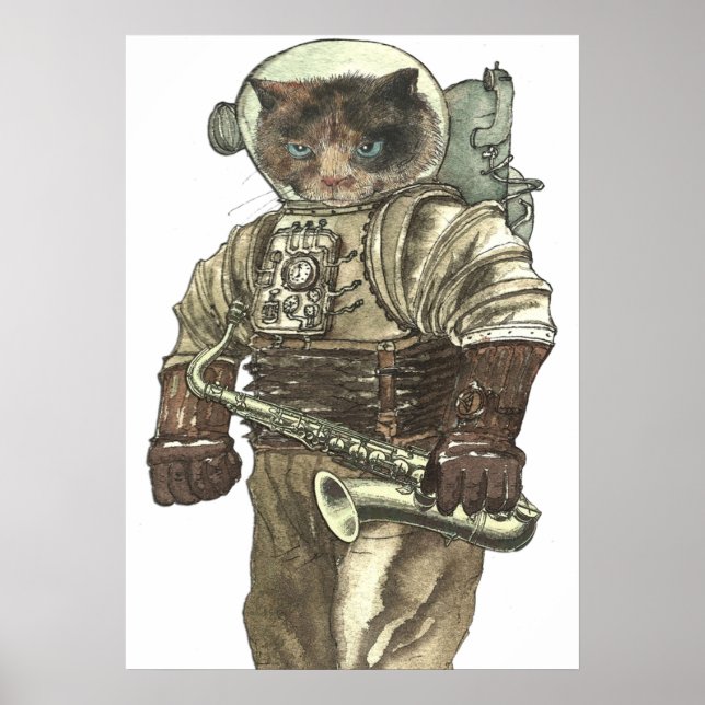 Weltraumkatze mit Saxophon Poster (Vorne)
