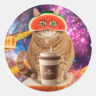 Weltraumkatze mit Wassermelonen-Brille Runder Aufkleber