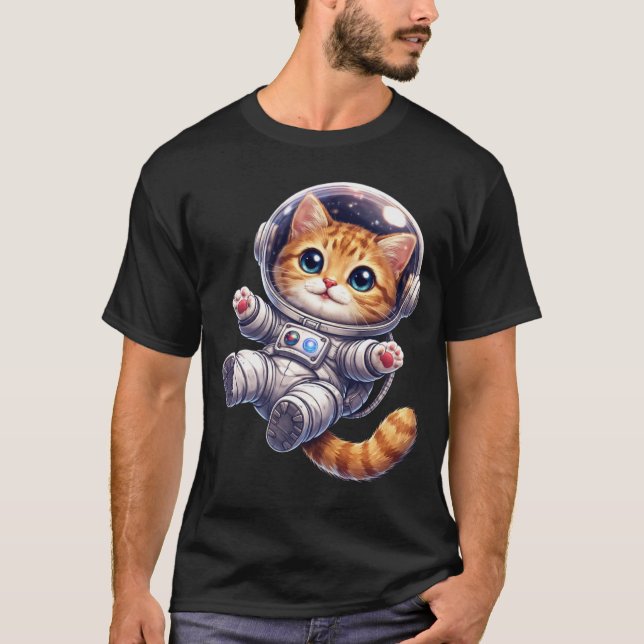Weltraumkatze schwebend im Universum T-Shirt (Vorderseite)