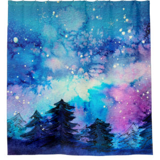 Weltraumkunst in Aquarellen mit Nachthimmel und Bä Duschvorhang