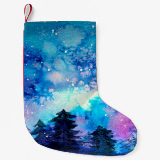Weltraumkunst in Aquarellen mit Nachthimmel und Bä Kleiner Weihnachtsstrumpf