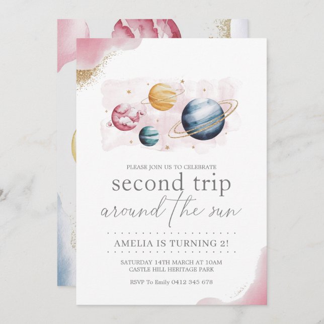 Weltraummädchen Geburtstagsgalaxie Sternenplaneten Einladung (Vorne/Hinten)