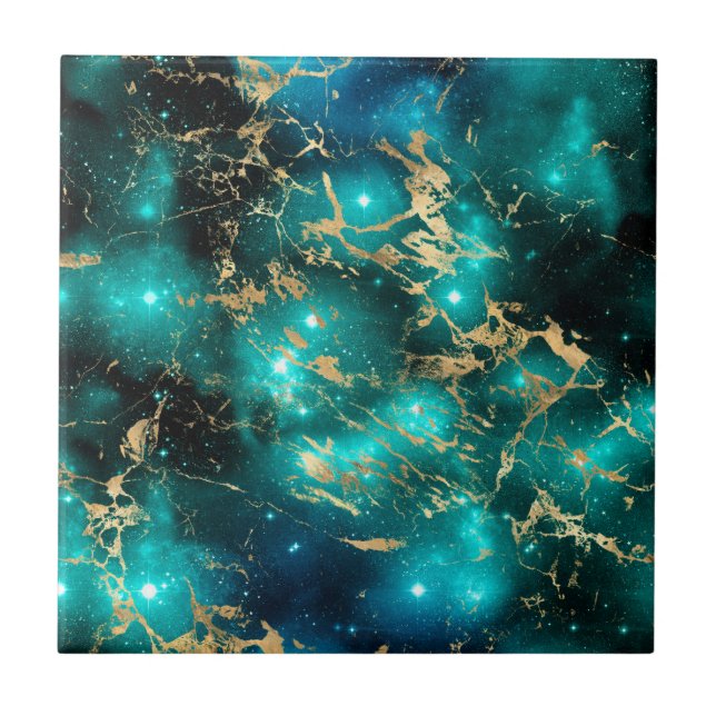 Weltraummarmor Black Green Starry Night Golden Fliese (Vorderseite)