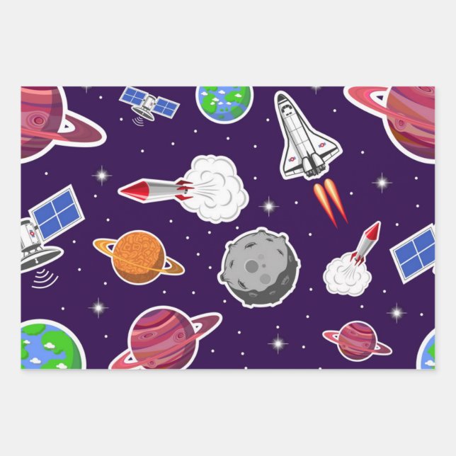 Weltraummuster Geschenkpapier Set (Vorderseite)