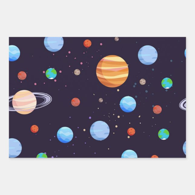 Weltraummuster Geschenkpapier Set (Vorderseite)