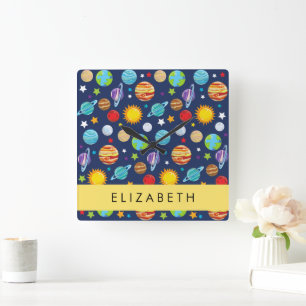 Weltraummuster, Planeten, Sterne, Kosmos, Ihr Name Quadratische Wanduhr