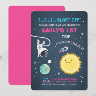 Weltraumpinke Girl 1. Geburtstag Einladung