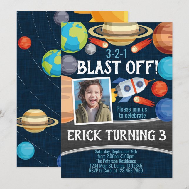 Weltraumplanet Geburtstagsparty Einladung (Vorne/Hinten)