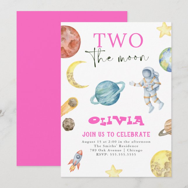 Weltraumplaneten 2. Geburtstagsmädchen Einladung (Vorne/Hinten)