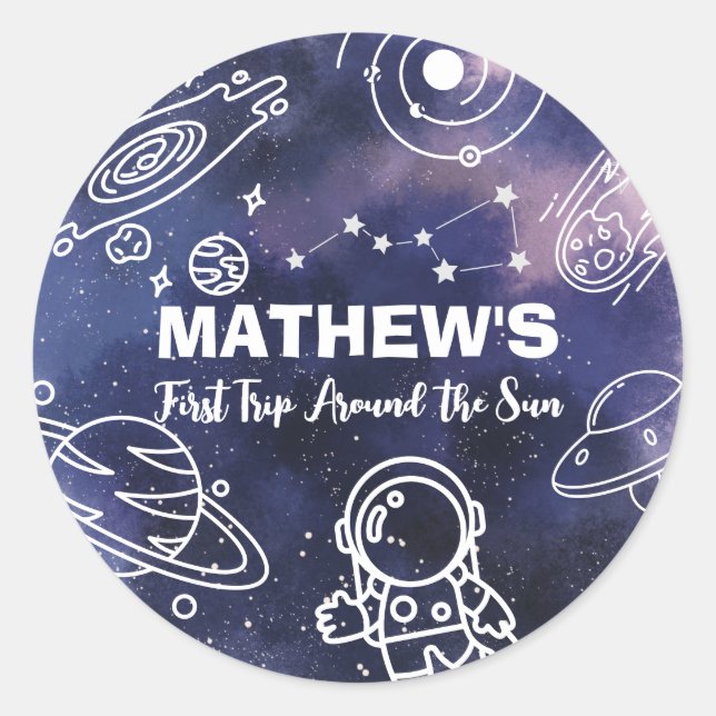 Weltraumplaneten Astronauten 1. Geburtstag Junge Runder Aufkleber (Vorderseite)