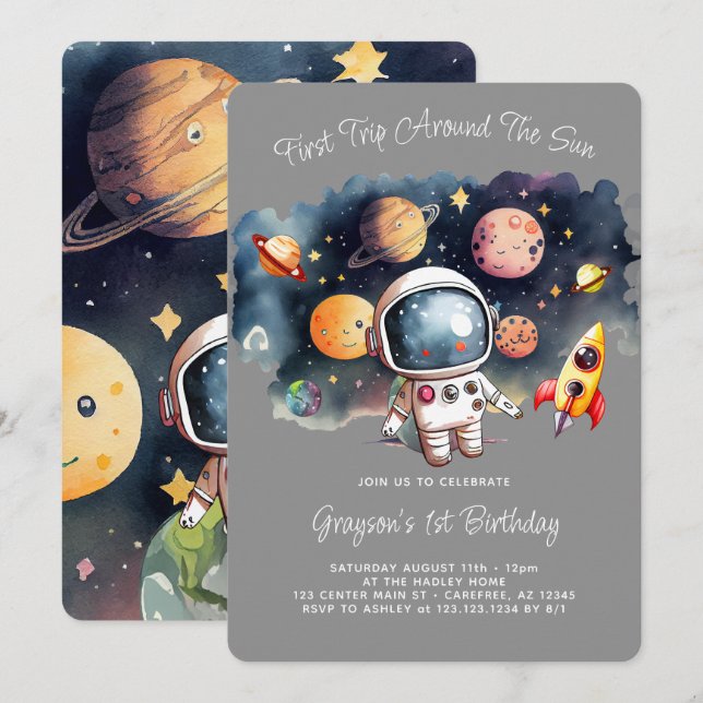 Weltraumplaneten Grau zum ersten Geburtstag Einladung (Vorne/Hinten)