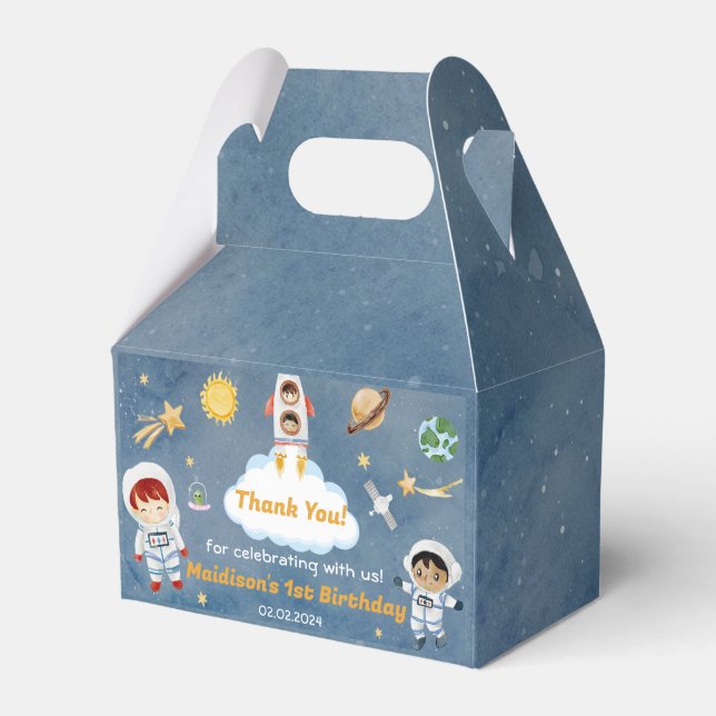 Weltraumplaneten & Raketenschiff Geburtstagsparty Geschenkschachtel (Vorderseite)
