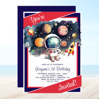 Weltraumplaneten Rotes Blaues Blau Geburtstag Einladung