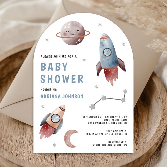 Weltraumplanets Rocket Arch Baby Dusche Einladung (Von Creator hochgeladen)