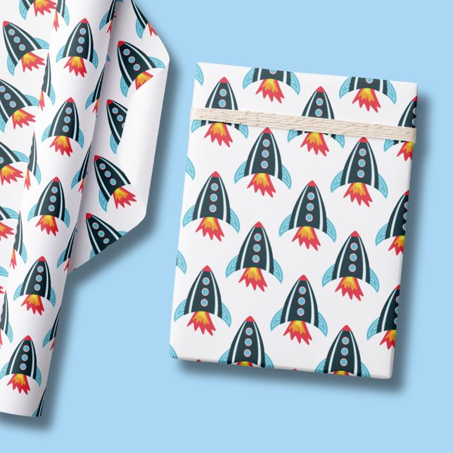 Weltraumrakete Geschenkpapier (Space themed rocket ship wrapping paper rolls for boys birthday party.)