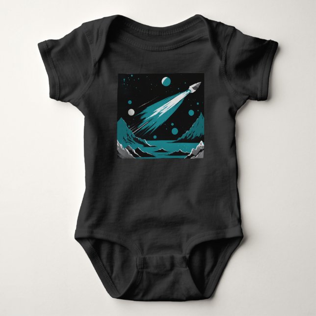 Weltraumrakete – Graues und blaues Baby-Body-Shirt Baby Strampler (Vorderseite)