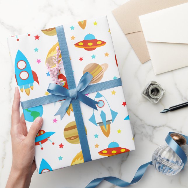 Weltraumraketen Planets Ufo Stars Geschenkpapier (Schenken)